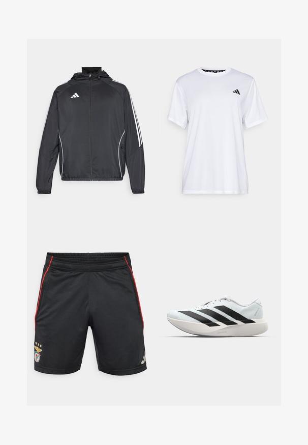 Černá sportovní bunda s kapucí, s bílými pruhy podél rukávů a s předním zipem. Vyrobena z hladkého, lehkého materiálu.; Bílý sportovní tričko s krátkými rukávy, vyrobené z materiálu odvádějícího vlhkost. Na levé straně hrudi se nachází černé logo a vnitřní límec je vzorovaný.; Černé sportovní šortky s červenými pruhy po stranách, elastickým pasem, se zesíleným logem týmu a třemi zlatými hvězdami. Vyrobeno z hladkého, prodyšného materiálu.; Lehké běžecké boty v světle modré barvě s černými pruhy. Mají hladký svršek, kulatou špičku a silnou bílou mezipodešev označenou "LIGHTSTRIKE PRO."