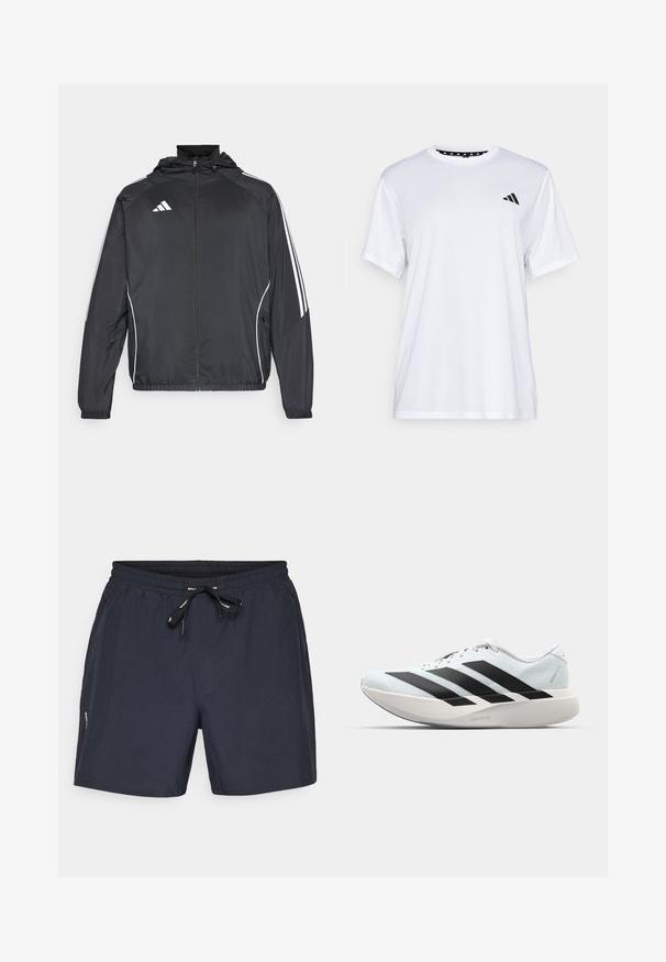 Black athletic jacket with a hood, featuring white stripes along the sleeves and a zippered front. Made from a smooth, lightweight fabric.; White athletic t-shirt with short sleeves, made from moisture-wicking fabric. Features a black logo on the left chest and a patterned interior neckline.; Dark blue swim shorts with elastic waistband and drawstring. Made of lightweight material, featuring side pockets and a simple design.; Lightweight running shoes in pale blue with black stripes. Features a smooth upper, round toe, and thick white midsole labeled "LIGHTSTRIKE PRO."