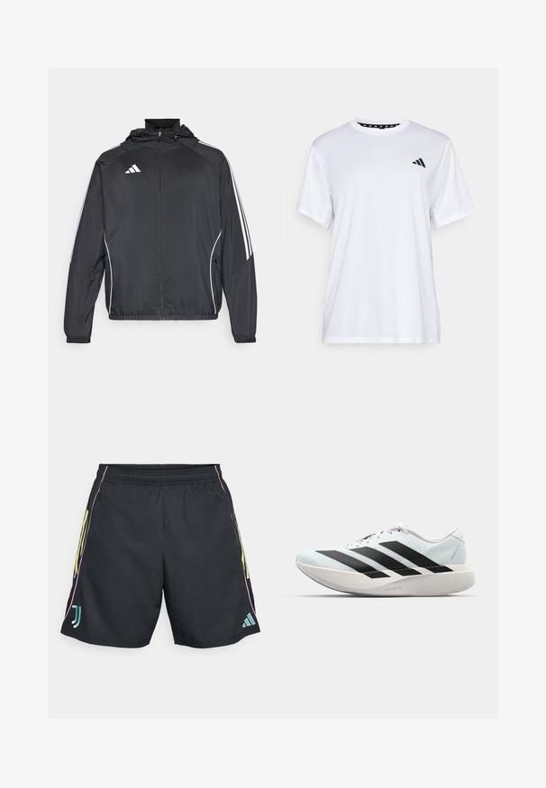 Čierna športová bunda s kapucňou, ktorá má biele pruhy pozdĺž rukávov a zips v prednej časti. Vyrobená z hladkej, ľahkej tkaniny.; Biely športový tričko s krátkymi rukávmi, vyrobené z materiálu, ktorý odvádza vlhkosť. Má čierne logo na ľavej hrudi a vzorovaný vnútorný golier.; Čierne športové šortky s elastickým pásom, s neónovými žltými bočnými pruhmi a petrolejovým logom, hladký povrch a štandardný strih.; Ľahké bežecké topánky v svetlomodrej farbe s čiernymi pruhmi. Majú hladký zvršok, okrúle špičky a hrubú bielu medzipodrážku označenú "LIGHTSTRIKE PRO."