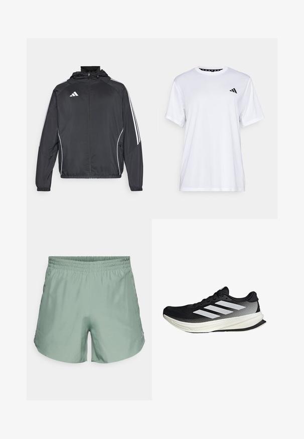 Musta urheilu takki hupulla, jossa on valkoiset raidat hihoissa ja vetoketjuzulu etupuolella. Valmistettu sileästä, kevyestä kankaasta.; Valkoinen urheilupaita lyhyillä hihoilla, valmistettu kosteutta siirtävästä kankaasta. Vasemmassa rinnassa on musta logo ja kauluksen sisäpuolella on kuvio.; Vaaleanvihreät urheilushortsit, joissa on joustava vyötärö, valmistettu sileästä kankaasta. Niissä on huomaamaton logo alareunassa.; Musta urheilukengä, jossa on verkkomaisia yksityiskohtia, valkoiset raidat, pyöristetty kärki ja pintakuvioitu pohja pidon ja tuen tarjoamiseksi.