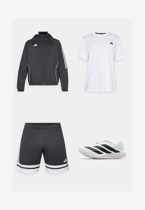 Czarna sportowa kurtka z kapturem, z białymi paskami wzdłuż rękawów i zasuwanym przodem. Wykonana z gładkiego, lekkiego materiału.; Biała koszulka sportowa z krótkim rękawem, wykonana z materiału odprowadzającego wilgoć. Posiada czarne logo na lewej piersi oraz wzorzystą podszewkę kołnierza.; Czarne szorty sportowe wykonane z gładkiego materiału. Mają białe paski na dole i po bokach. Elastyczny pas dla komfortu. Logo na dolnej stronie.; Lekkie buty do biegania w jasnoniebieskim kolorze z czarnymi pasami. Posiadają gładką cholewkę, okrągły nosek oraz grubą białą podeszwę środkową oznaczoną "LIGHTSTRIKE PRO."