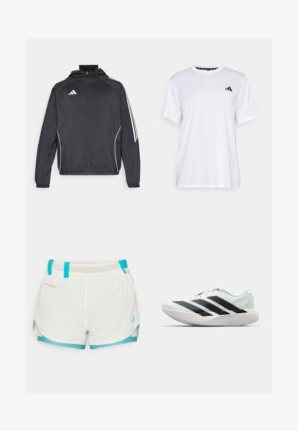 Veste de sport noire avec capuche, présentant des bandes blanches le long des manches et un devant zippé. Fabriquée en tissu léger et lisse.; T-shirt de sport blanc à manches courtes, fabriqué en tissu évacuant l'humidité. Présente un logo noir sur la poitrine gauche et un col intérieur à motifs.; Shorts légers, avec doublure en mesh, de couleur blanche avec des accents turquoise. Présente un motif en grille, une taille à cordon de serrage et des fentes latérales pour plus de mobilité.; Baskets de course légères en bleu pâle avec des rayures noires. Elles présentent un dessus lisse, un embout rond et une semelle intermédiaire blanche épaisse étiquetée "LIGHTSTRIKE PRO".