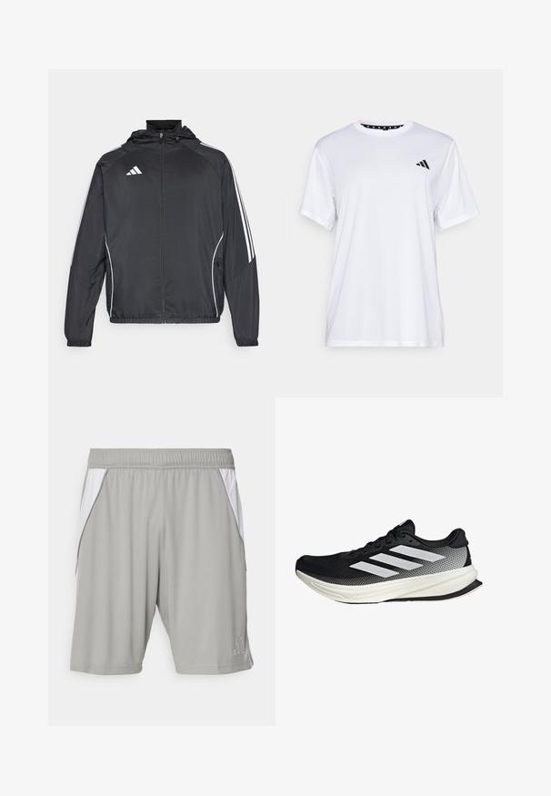 Zwarte sportjack met capuchon, voorzien van witte strepen langs de mouwen en een ritssluiting aan de voorkant. Gemaakt van een gladde, luchtige stof.; Witte sport T-shirt met korte mouwen, gemaakt van vochtafvoerende stof. Heeft een zwart logo op de linkerkant van de borst en een gemusterde binnenhals.; Grijze sportieve shorts van lichtgewicht stof, met witte zijpanelen, een elastische tailleband en een klein logo in de onderste hoek.; Zwarte sportieve schoen met een mesh ontwerp, voorzien van witte strepen, een ronde neus en een gestructureerde zool voor grip en ondersteuning.
