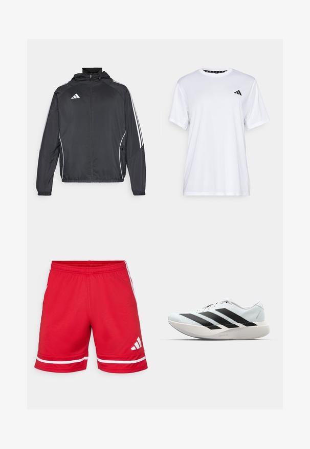 Veste de sport noire avec capuche, présentant des bandes blanches le long des manches et un devant zippé. Fabriquée en tissu léger et lisse.; T-shirt de sport blanc à manches courtes, fabriqué en tissu évacuant l'humidité. Présente un logo noir sur la poitrine gauche et un col intérieur à motifs.; Shorts de sport rouges en tissu léger, avec des rayures horizontales blanches à l'ourlet et un logo blanc sur la jambe gauche.; Baskets de course légères en bleu pâle avec des rayures noires. Elles présentent un dessus lisse, un embout rond et une semelle intermédiaire blanche épaisse étiquetée "LIGHTSTRIKE PRO".