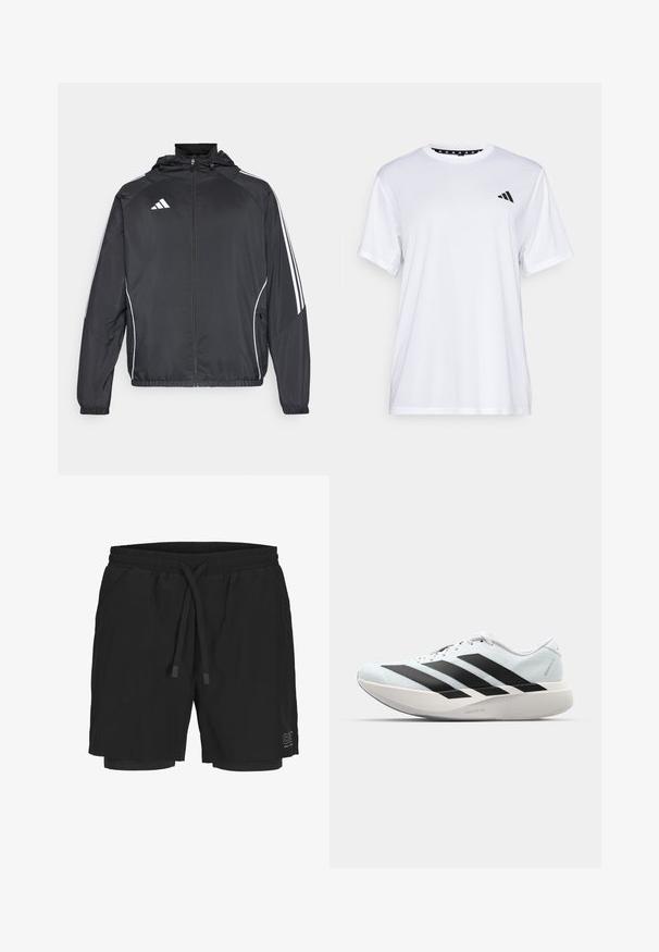 Must värvi sportlik jakk kapuutsiga, millel on valged triibud varrukatel ja lukuga esiosa. Valmistatud siledast, kergest kangast.; Valge sportlik T-särk lühikeste varrukatega, valmistatud niiskust eemaldavast kangast. Ees on must logo vasakul rinnal ja soe mustriline kaelaosa.; Mustavad ujumispüksid, mis on valmistatud kergetest materjalidest, elastse vöökoha, reguleeritava nööriga ja sisemise voodriga. Küljepeal on logo.; Kerged jooksujalatsid helesinises värvuses mustade triipudega. Omavad siledat pealispinda, ümarat varvase osa ja paksu valget vahemõõtu, millel on silt "LIGHTSTRIKE PRO".