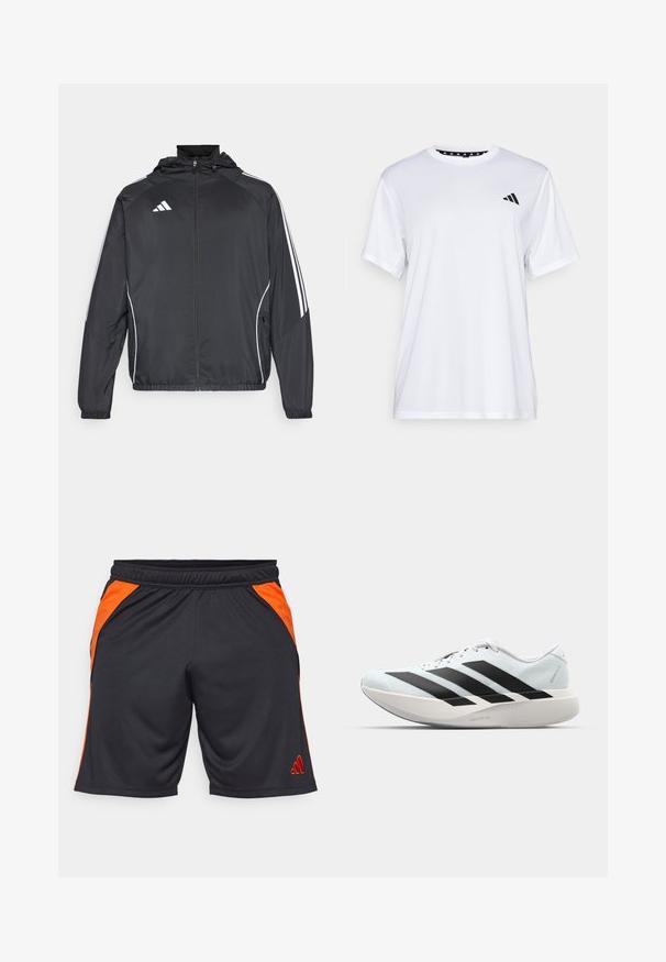 Black athletic jacket with a hood, featuring white stripes along the sleeves and a zippered front. Made from a smooth, lightweight fabric.; White athletic t-shirt with short sleeves, made from moisture-wicking fabric. Features a black logo on the left chest and a patterned interior neckline.; Black athletic shorts made from breathable fabric, featuring orange side panels and an embroidered red logo on the lower left leg.; Lightweight running shoes in pale blue with black stripes. Features a smooth upper, round toe, and thick white midsole labeled "LIGHTSTRIKE PRO."