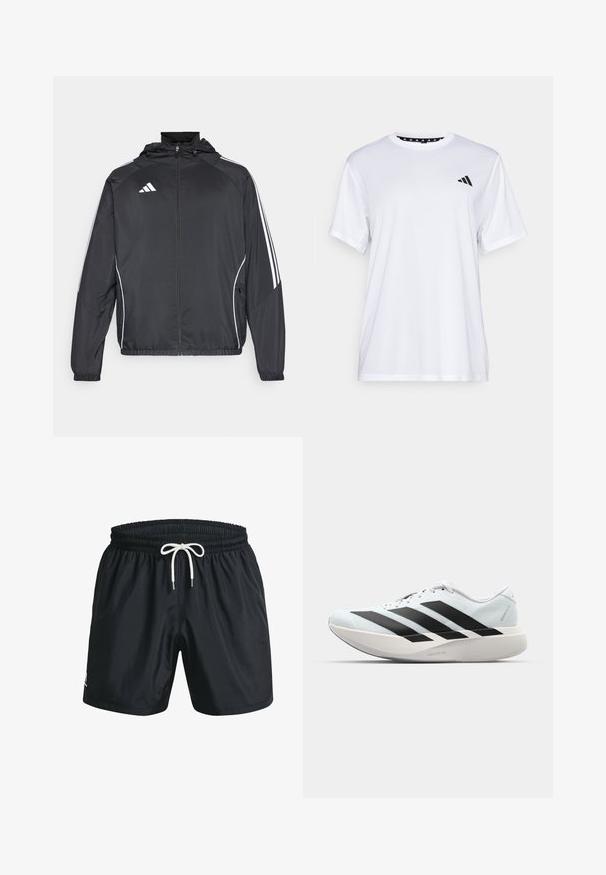 Musta urheilu takki hupulla, jossa on valkoiset raidat hihoissa ja vetoketjuzulu etupuolella. Valmistettu sileästä, kevyestä kankaasta.; Valkoinen urheilupaita lyhyillä hihoilla, valmistettu kosteutta siirtävästä kankaasta. Vasemmassa rinnassa on musta logo ja kauluksen sisäpuolella on kuvio.; Mustat uimapuvut, jotka on valmistettu kevyestä kankaasta. Niissä on joustava vyötärö, jossa on valkoinen nyöri, ja sivutaskut. Sileä pinta, yksinkertainen muotoilu.; Kevyt juoksukengät vaaleansinisinä mustilla raidoilla. Ominaisuuksiin kuuluu sileä pinta, pyöreä kärki ja paksu valkoinen välipohja, joka on merkitty "LIGHTSTRIKE PRO".