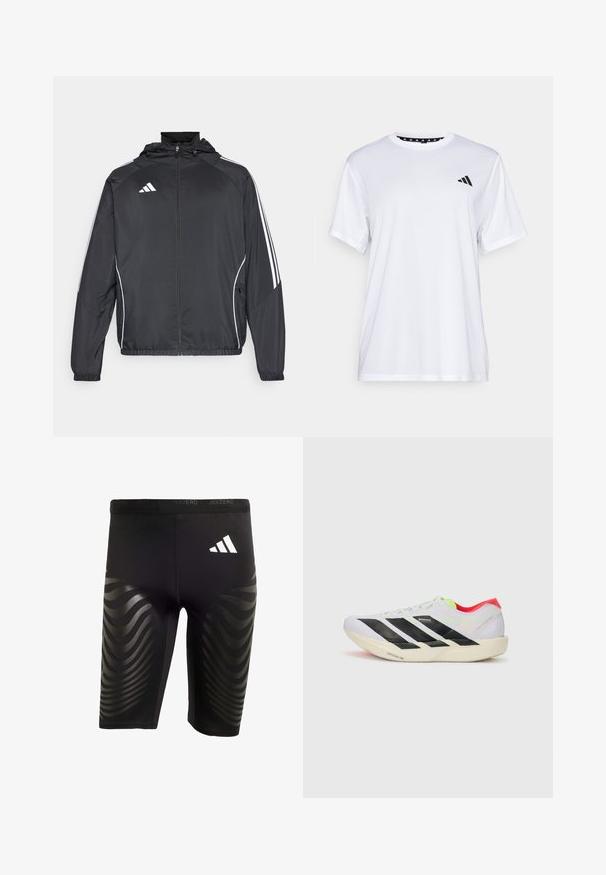 Black athletic jacket with a hood, featuring white stripes along the sleeves and a zippered front. Made from a smooth, lightweight fabric.; White athletic t-shirt with short sleeves, made from moisture-wicking fabric. Features a black logo on the left chest and a patterned interior neckline.; Black athletic shorts with a stretchy fit, featuring a glossy wave pattern on the sides and a white logo on the waistband.; White running shoe with black stripes, neon green accents, and a red heel. Features a lightweight design and textured sole for grip.