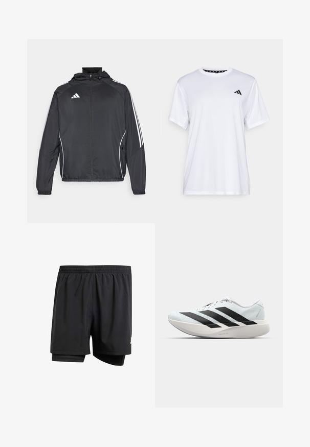 Svart sportsjakke med hette, med hvite striper langs ermene og glidelås foran. Laget av et glatt, lett stoff.; Hvit trenings T-skjorte med korte ermer, laget av fukttransporterende stoff. Har en svart logo på venstre bryst og et mønstrete innvendig halsåpning.; Svarte treningsshorts med elastisk midjebånd, innvendig fôring og små logodetaljer på siden. Lett stoff og løs passform.; Lette løpesko i lys blå med svarte striper. Har en myk overdel, rund tå og tykk hvit mellomsole merket "LIGHTSTRIKE PRO."