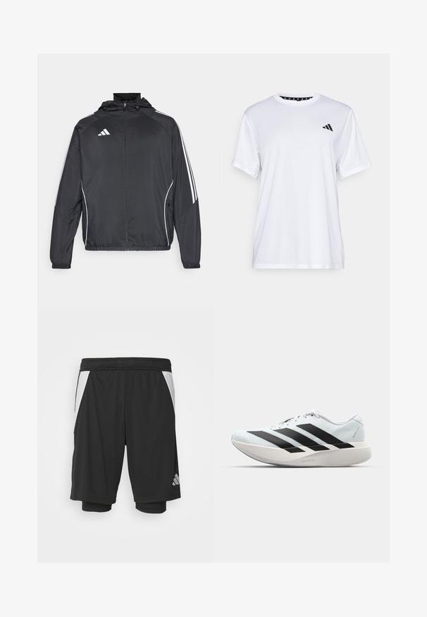 Černá sportovní bunda s kapucí, s bílými pruhy podél rukávů a s předním zipem. Vyrobena z hladkého, lehkého materiálu.; Bílý sportovní tričko s krátkými rukávy, vyrobené z materiálu odvádějícího vlhkost. Na levé straně hrudi se nachází černé logo a vnitřní límec je vzorovaný.; Černé sportovní šortky z lehkého materiálu, bílé boční panely, elastický pas a reflexní logo v dolním levém rohu.; Lehké běžecké boty v světle modré barvě s černými pruhy. Mají hladký svršek, kulatou špičku a silnou bílou mezipodešev označenou "LIGHTSTRIKE PRO."