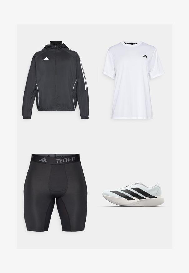 Schwarze Sportjacke mit Kapuze, ausgestattet mit weißen Streifen an den Ärmeln und einem Reißverschluss vorne. Hergestellt aus einem glatten, leichten Stoff.; Weißes sportliches T-Shirt mit kurzen Ärmeln, aus feuchtigkeitsableitendem Material. Mit einem schwarzen Logo auf der linken Brust und einem gemusterten Innenkragen.; Schwarze Sportshorts aus glattem, elastischem Material. Mit einem breiten, markierten Bund und Flachnähten für Komfort und Langlebigkeit.; Leichte Laufschuhe in hellblau mit schwarzen Streifen. Sie verfügen über ein glattes Obermaterial, eine runde Zehenpartie und eine dicke weiße Zwischensohle, die mit "LIGHTSTRIKE PRO" beschriftet ist.