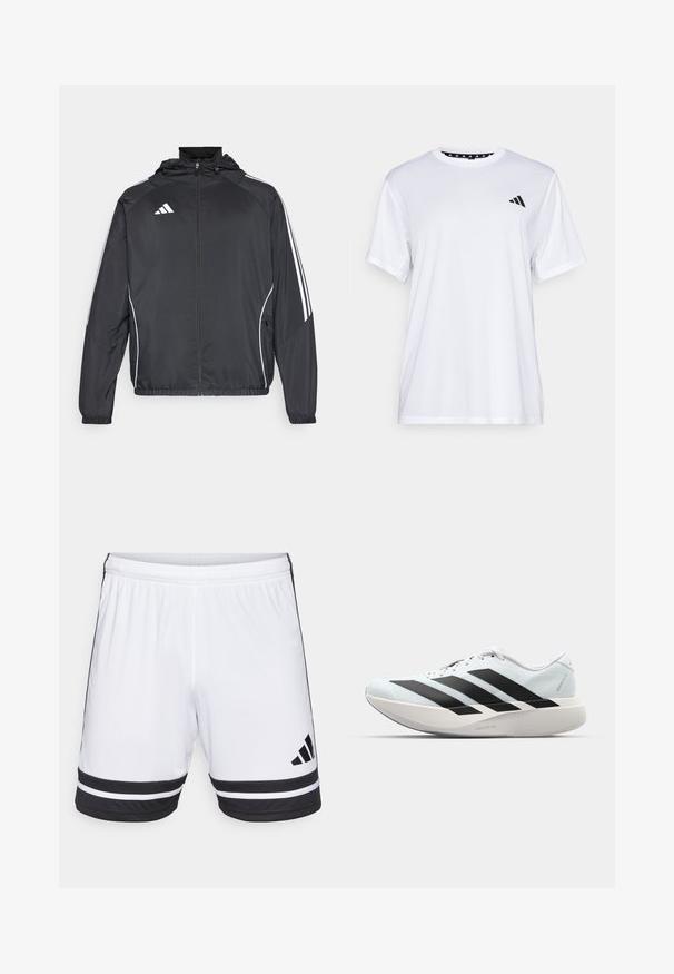 Melnā sporta jaka ar kapuci, ar baltām svītrām pa piedurknēm un ar rāvējslēdzēju priekšpusē. Izgatavota no gludas, vieglas auduma.; Balts sporta T-krekls ar īsām piedurknēm, izgatavots no mitrumu absorbējoša auduma. Tam ir melns logo kreisajā krūtī un rakstains iekšējais apkakles piegriezums.; Balti sporta šorti ar melnām horizontālām svītrām malā un melnu Adidas logo. Elastīgs jostasvīrs, kas nodrošina regulējamu piegulību.; Gaiši zili vieglie skriešanas apavi ar melniem svītrainiem. Iezīmēti ar gludu augšpusi, apaļu purngalu un biezāko balto vidējo zoli, kurā ir uzraksts "LIGHTSTRIKE PRO."