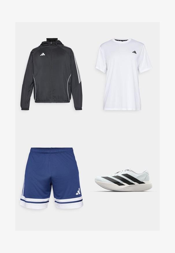 Black athletic jacket with a hood, featuring white stripes along the sleeves and a zippered front. Made from a smooth, lightweight fabric.; White athletic t-shirt with short sleeves, made from moisture-wicking fabric. Features a black logo on the left chest and a patterned interior neckline.; Navy blue athletic shorts made of lightweight material with white and blue striped accents at the hem and an elastic waistband.; Lightweight running shoes in pale blue with black stripes. Features a smooth upper, round toe, and thick white midsole labeled "LIGHTSTRIKE PRO."