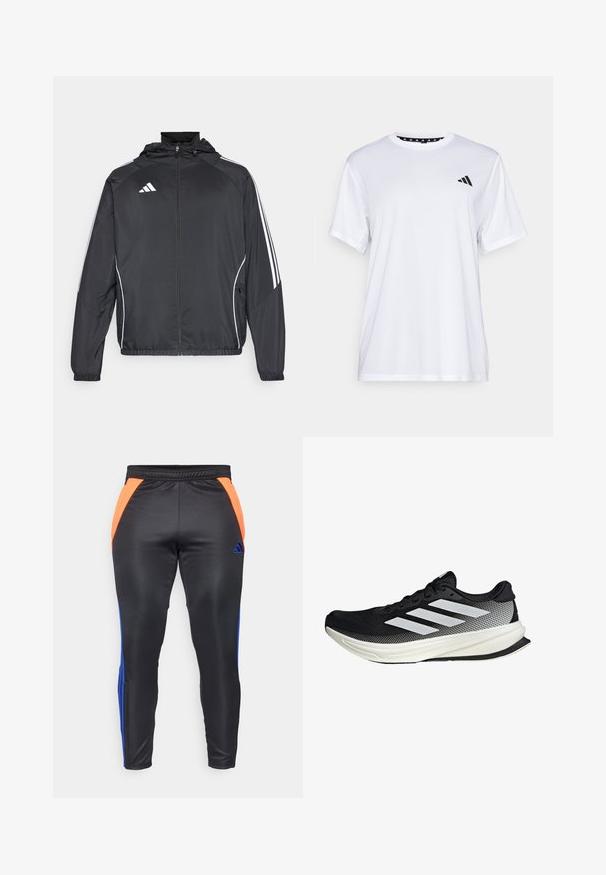 Černá sportovní bunda s kapucí, s bílými pruhy podél rukávů a s předním zipem. Vyrobena z hladkého, lehkého materiálu.; Bílý sportovní tričko s krátkými rukávy, vyrobené z materiálu odvádějícího vlhkost. Na levé straně hrudi se nachází černé logo a vnitřní límec je vzorovaný.; Černé sportovní kalhoty s oranžovými a modrými postranními panely, s hladkou texturou, elastickým pasem a modrým logem Adidas.; Černá sportovní boty s síťovaným designem, s bílými pruhy, zaoblenou špičkou a texturovanou podrážkou pro lepší přilnavost a oporu.