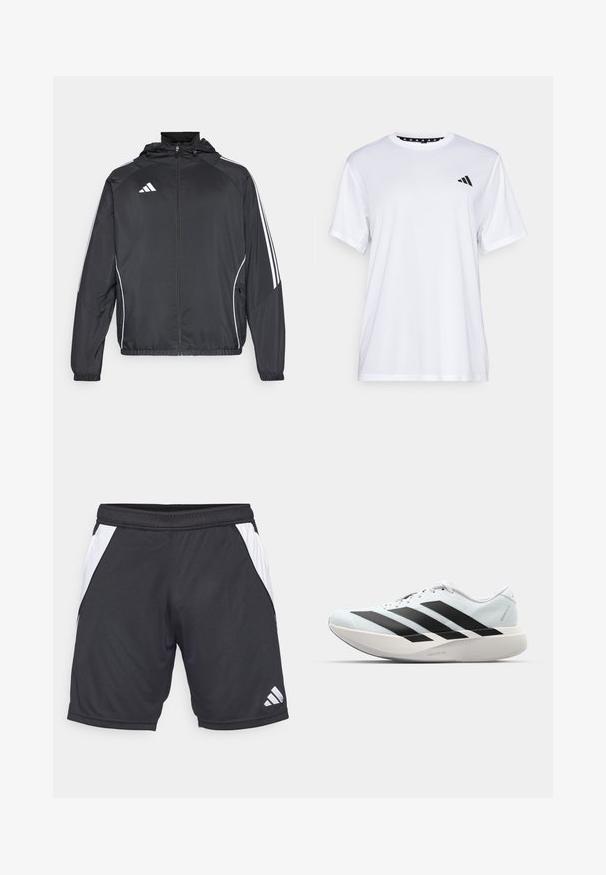 Black athletic jacket with a hood, featuring white stripes along the sleeves and a zippered front. Made from a smooth, lightweight fabric.; White athletic t-shirt with short sleeves, made from moisture-wicking fabric. Features a black logo on the left chest and a patterned interior neckline.; Black athletic shorts made of lightweight fabric with white side panels and an Adidas logo on the lower right. Elastic waistband included.; Lightweight running shoes in pale blue with black stripes. Features a smooth upper, round toe, and thick white midsole labeled "LIGHTSTRIKE PRO."