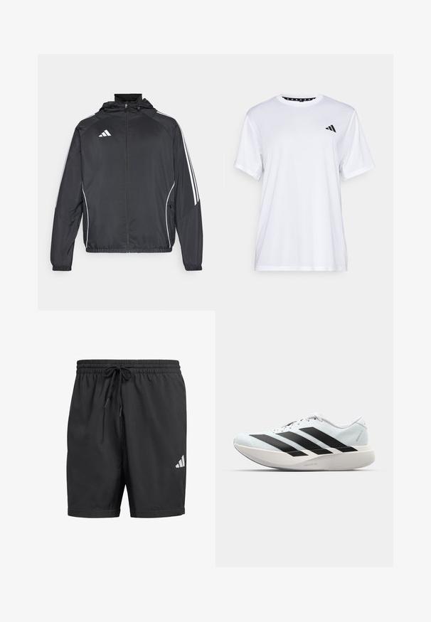 Juodas sportinis džemperis su kapišonu, turintis baltas juosteles palei rankoves ir užtrauktuką priekyje. Pagamintas iš lygaus, lengvo audinio.; Balta sportinė marškinėliai trumpomis rankovėmis, pagaminti iš drėgmę šalinančios medžiagos. Kairėje krūtinės pusėje yra juodas logotipas, o apykaklės viduje yra raštuotas dizainas.; Juodos sportinės šortai, pagaminti iš lengvos medžiagos, su elastinga juosmens juosta ir raišteliu, bei balta Adidas logotipo etikete apatinėje dešinėje pusėje.; Lengvi bėgimo batai šviesiai mėlynos spalvos su juodomis juostelėmis. Yra lygus viršus, apvalus pirštas ir storas baltas vidpadis su užrašu "LIGHTSTRIKE PRO."