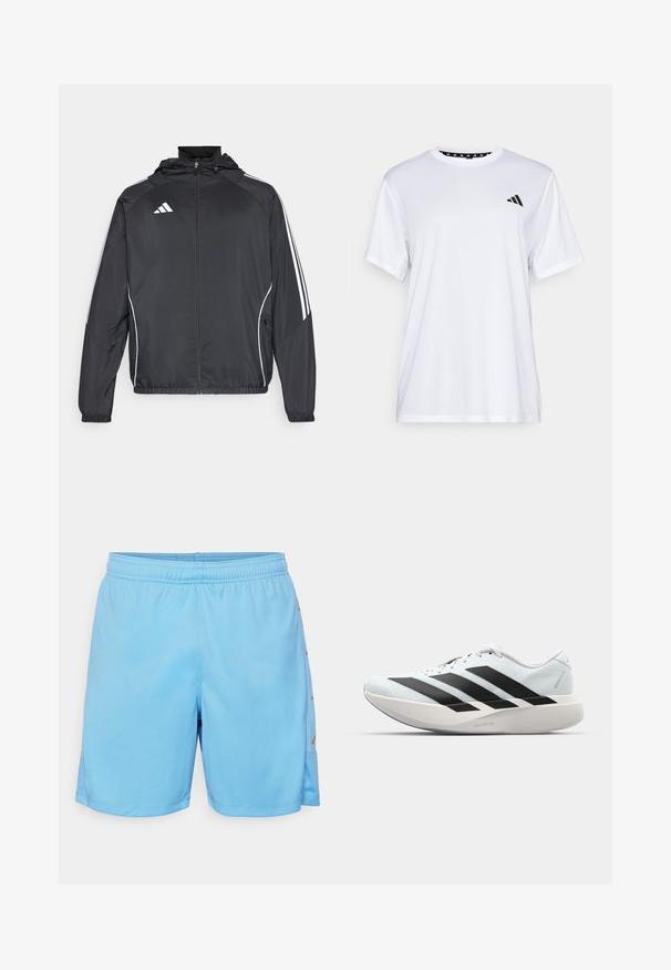 Juodas sportinis džemperis su kapišonu, turintis baltas juosteles palei rankoves ir užtrauktuką priekyje. Pagamintas iš lygaus, lengvo audinio.; Balta sportinė marškinėliai trumpomis rankovėmis, pagaminti iš drėgmę šalinančios medžiagos. Kairėje krūtinės pusėje yra juodas logotipas, o apykaklės viduje yra raštuotas dizainas.; Šviesiai mėlyni sportiniai šortai, pagaminti iš sintetinės medžiagos. Yra elastingas juosmuo ir auksinė detalė šone. Lygus tekstūros paviršius, ilgis virš kelio.; Lengvi bėgimo batai šviesiai mėlynos spalvos su juodomis juostelėmis. Yra lygus viršus, apvalus pirštas ir storas baltas vidpadis su užrašu "LIGHTSTRIKE PRO."