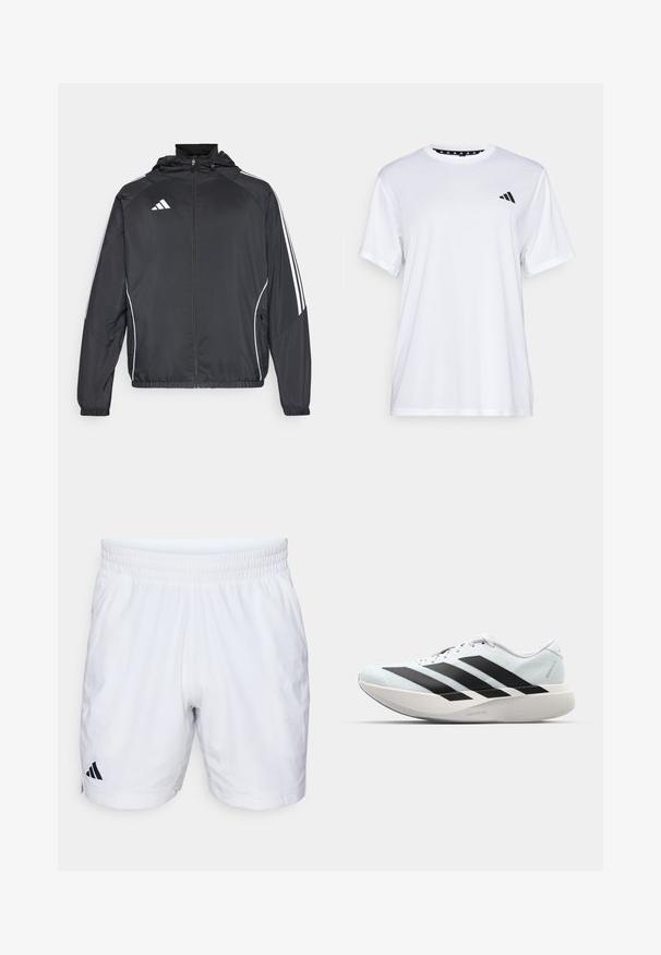 Juodas sportinis džemperis su kapišonu, turintis baltas juosteles palei rankoves ir užtrauktuką priekyje. Pagamintas iš lygaus, lengvo audinio.; Balta sportinė marškinėliai trumpomis rankovėmis, pagaminti iš drėgmę šalinančios medžiagos. Kairėje krūtinės pusėje yra juodas logotipas, o apykaklės viduje yra raštuotas dizainas.; Baltos sportinės šortai su elastingu juosmeniu, pasižymintys tekstūruotu audiniu ir juodu "Adidas" logotipu kairėje apatinėje pusėje.; Lengvi bėgimo batai šviesiai mėlynos spalvos su juodomis juostelėmis. Yra lygus viršus, apvalus pirštas ir storas baltas vidpadis su užrašu "LIGHTSTRIKE PRO."