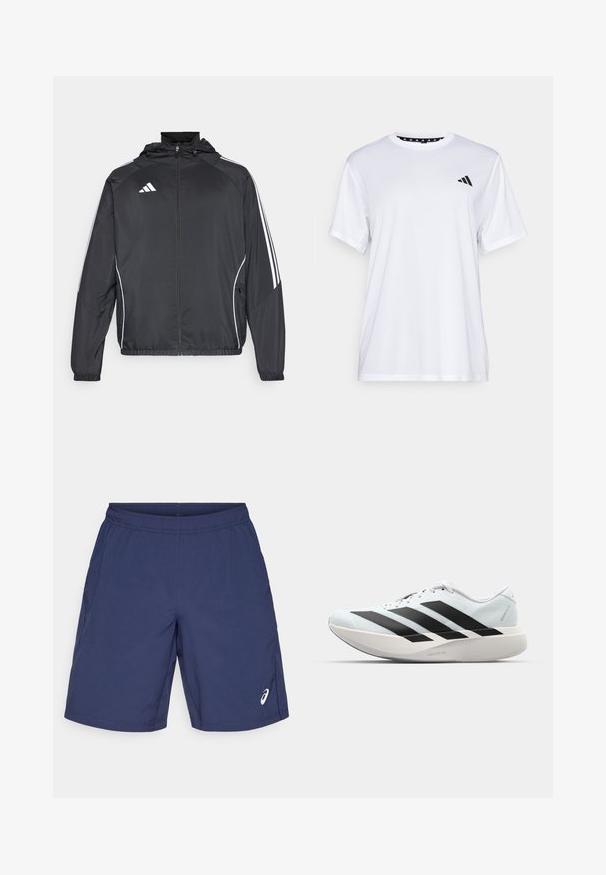 Svart sportsjakke med hette, med hvite striper langs ermene og glidelås foran. Laget av et glatt, lett stoff.; Hvit trenings T-skjorte med korte ermer, laget av fukttransporterende stoff. Har en svart logo på venstre bryst og et mønstrete innvendig halsåpning.; Marineblå shorts laget av lett materiale, med elastisk midje og sidelommer. Logoen er vist nederst til venstre.; Lette løpesko i lys blå med svarte striper. Har en myk overdel, rund tå og tykk hvit mellomsole merket "LIGHTSTRIKE PRO."