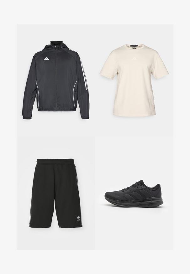Črna športna jakna s kapuco, z belimi črtami ob rokavih in z zadrgo spredaj. Narejena iz gladkega, lahkega materiala.; Bež bombažna majica s kratkimi rokavi, krožnim izrezom in subtilnim belim logotipom Adidas na prsih. Gladka tekstura z minimalnimi šivi.; Črne kratke hlače iz bombažne mešanice z elastičnim pasom, z belimi stranskimi črtami in majhnim logotipom v spodnjem levem kotu.; Črne športne čevlje z mrežasto zgornjico, gumijastim podplatom, teksturiranim dizajnom in tremi črtami na strani. Pena za udobje.