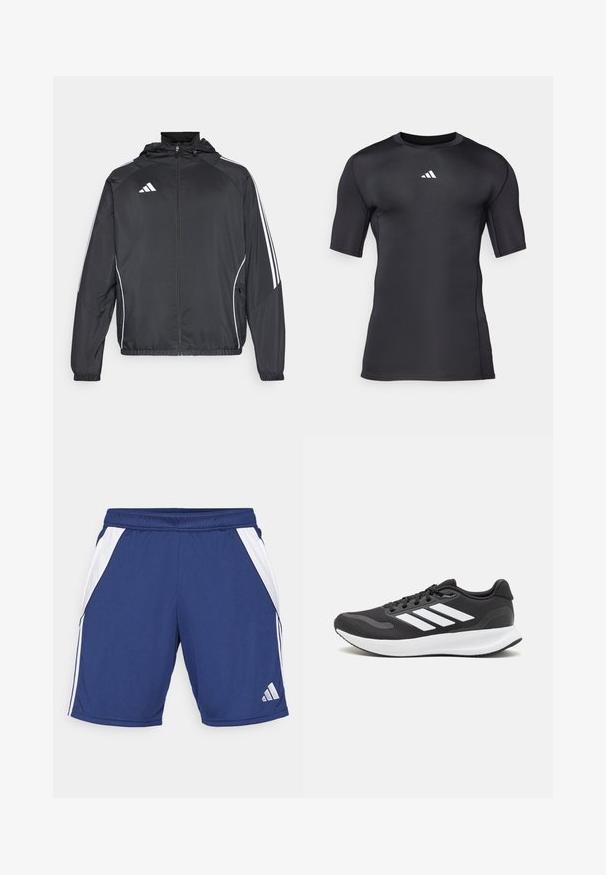 Fekete sportos dzseki kapucnival, fehér csíkokkal az ujjak mentén és cipzáras elülső résszel. Simább, könnyű anyagból készült.; Fekete sportos, rövid ujjú póló sima, rugalmas anyagból készült. Fehér logó található a mellrészen, valamint lapos varrások a kényelem érdekében.; Tengerészeti sportnadrág fehér oldalsávokkal, rugalmas derékkal és logóval az alsó szegélynél. Könnyű, légáteresztő anyagból készült.; Fekete sportcipő légáteresztő hálós felsőrésszel, fehér kiegészítőkkel és párnázott talppal. Az oldalon három csíkkal ellátott logó található.