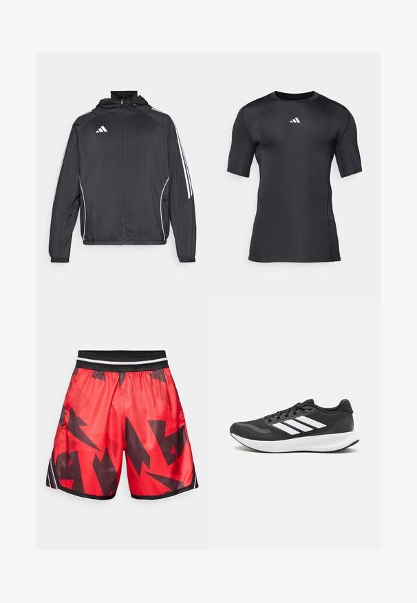 Musta urheilu takki hupulla, jossa on valkoiset raidat hihoissa ja vetoketjuzulu etupuolella. Valmistettu sileästä, kevyestä kankaasta.; Musta urheilu lyhythihainen paita, joka on valmistettu sileästä ja joustavasta kankaasta. Siinä on valkoinen logo rinnassa ja litteät saumat mukavuutta varten.; Punaiset urheilushortsit, joissa on musta abstrakti kuvio, joustava vyötärö, jossa on valkoiset ja mustat raidat, valmistettu kiiltävästä, kevyestä materiaalista.; Mustat urheilukengät hengittävällä verkkosella yläosalla, valkoisilla yksityiskohdilla ja pehmustetulla pohjalla. Sivussa on kolme raitaa -logo.