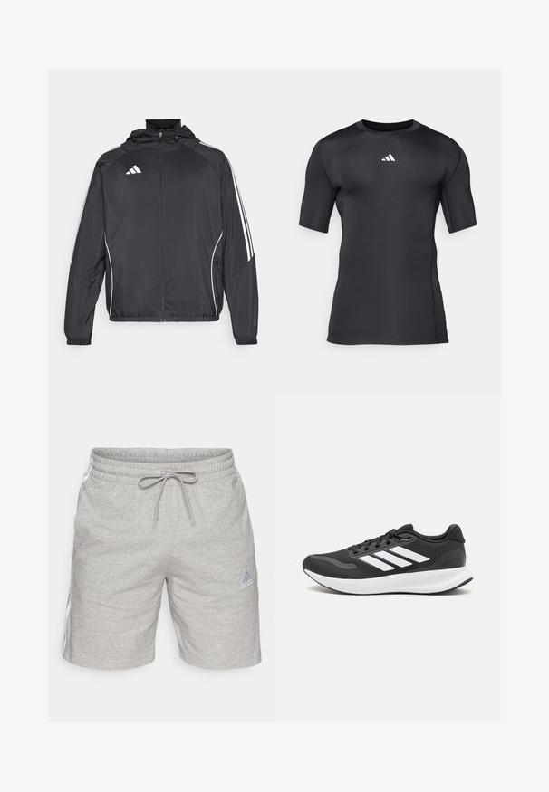Juodas sportinis džemperis su kapišonu, turintis baltas juosteles palei rankoves ir užtrauktuką priekyje. Pagamintas iš lygaus, lengvo audinio.; Juodas sportinis marškinėliai trumpomis rankovėmis, pagaminti iš lygaus, tamprios medžiagos. Puošia balta logotipas ant krūtinės ir plokščios siūlės, užtikrinančios komfortą.; adidas Sportswear Sportiniai šortai - medium grey heather/white; Juodas sportinis batelis su orui pralaidžia mėgintuvėliu, baltomis akcentais ir paminkštintu padu. Šone yra trijų juostų logotipas.
