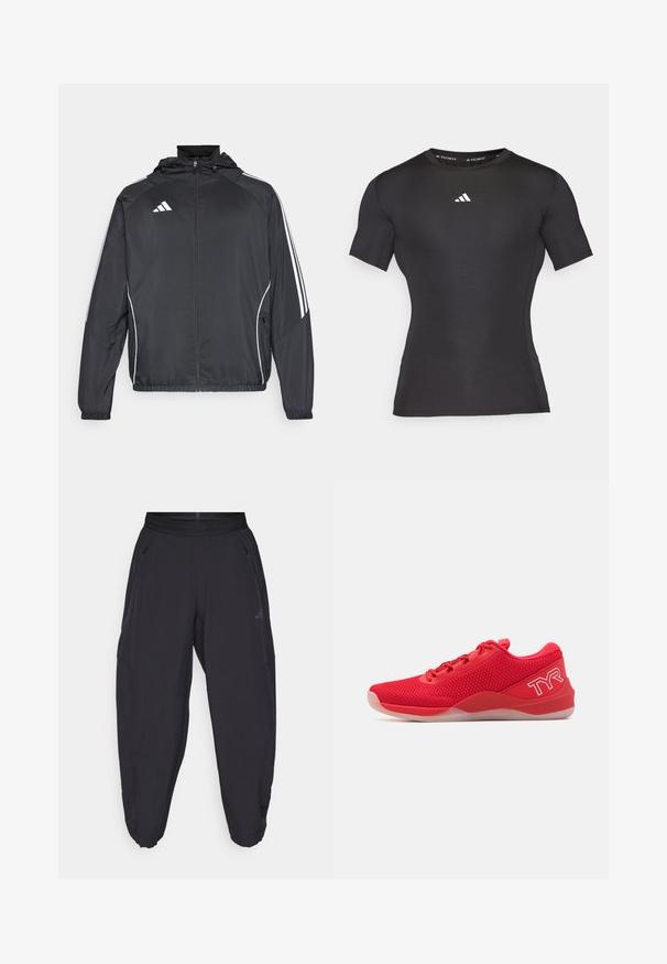 Crna atletska jakna s kapuljačom, s bijelim prugama duž rukava i zatvaranjem na zip. Izrađena od glatkog, laganog materijala.; Crna kratkodlaka sportska majica od gladkog, rastezljivog materijala. Sadrži bijeli logo na prsima i uski kroj.; Crne sportske hlače s elastičnim pojasom, bočnim džepovima sa zatvaračem, suženim nogavicama i suptilnim logom na desnom bedru.; TYR CXT2 - Tenisice za trening - red/white