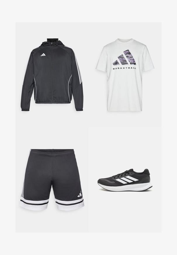 Jachetă sport neagră cu glugă, decorată cu dungi albe pe mâneci și cu fermoar în față. Fabricată dintr-un material neted și ușor.; Tricou alb din bumbac, cu mâneci scurte, având un imprimeu grafic violet și negru cu trei dungi și cuvântul "BASKETBALL."; Șorturi atletice negre, confectionate dintr-un material neted. Prezintă dungi albe la tiv și pe laturi. Talie elastică pentru confort. Logo pe partea inferioară.; Pantof cu aspect sport de culoare neagră, cu un upper din plasă respirabilă, accente albe și o talpă amortizată. Include logo-ul cu trei dungi pe lateral.