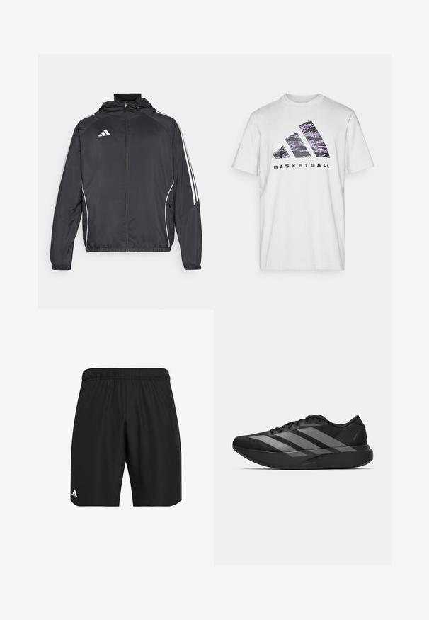 Fekete sportos dzseki kapucnival, fehér csíkokkal az ujjak mentén és cipzáras elülső résszel. Simább, könnyű anyagból készült.; Fehér pamut póló, rövid ujjakkal, lila és fekete grafikai nyomattal, amely három csíkot és a "BASKETBALL" feliratot ábrázolja.; Fekete sportos rövidnadrág, rugalmas derékkal. Könnyű anyagból készült, finom textúrával és egy kis fehér logóval díszítve.; Fekete sportcipők könnyű kialakítással, három kiemelkedő szürke csíkkal, sima textúrával és kontúros talppal.