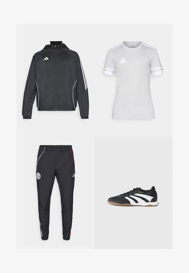 Veste de sport noire avec capuche, présentant des bandes blanches le long des manches et un devant zippé. Fabriquée en tissu léger et lisse.; T-shirt de sport à manches courtes, en tissu gris clair, col rond, accents blancs à trois bandes sur les manches, petit logo réfléchissant sur la poitrine.; Pantalons de sport noirs avec une coupe fuselée. Dotés de rayures latérales blanches et rouges, d'une taille élastique et d'un logo brodé sur la cuisse supérieure.; Chaussure de sport intérieure basse en noir et blanc avec semelle en gomme, lacets, et marquage « Predator » en néon vert sur le côté.