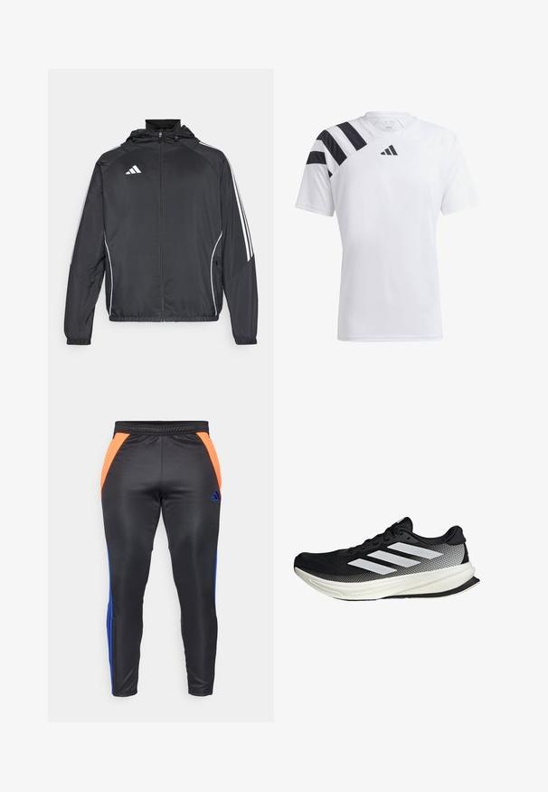 Crna atletska jakna s kapuljačom, s bijelim prugama duž rukava i zatvaranjem na zip. Izrađena od glatkog, laganog materijala.; Bijela lagana atletska majica s crnim prugama na lijevom ramenu i crnim logotipom na prsima. Kratki rukavi, dizajn s običnim ovratnikom.; Crne sportske hlače s narančastim i plavim bočnim panelima, s glatkom teksturom, elastičnom strukom i Adidas logotipom u plavoj boji.; Crna atletska cipela s mrežastim dizajnom, koja ima bijele pruge, zaobljeni vrh i teksturiranu potplate za prianjanje i potporu.