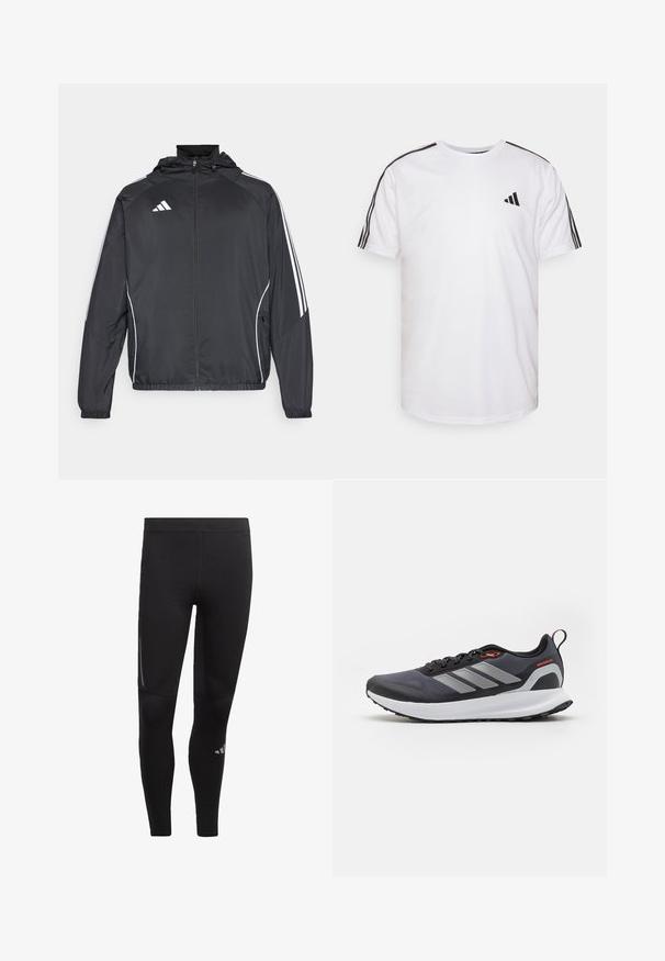 Giacca atletica nera con cappuccio, caratterizzata da strisce bianche lungo le maniche e chiusura con zip frontale. Realizzata in un tessuto liscio e leggero.; T-shirt bianco in cotone con scollatura rotonda, maniche corte e accenti neri a tre strisce sulle spalle; presenta un piccolo logo nero.; Leggings sportivi neri realizzati in materiale elastico, con vita alta, dettagli riflettenti e un logo vicino alla caviglia. Texture liscia.; Scarpe da corsa nere con accenti grigi. Presentano una tomaia testurizzata, una suola robusta e strisce riflettenti. Design leggero con un midsole ammortizzato.
