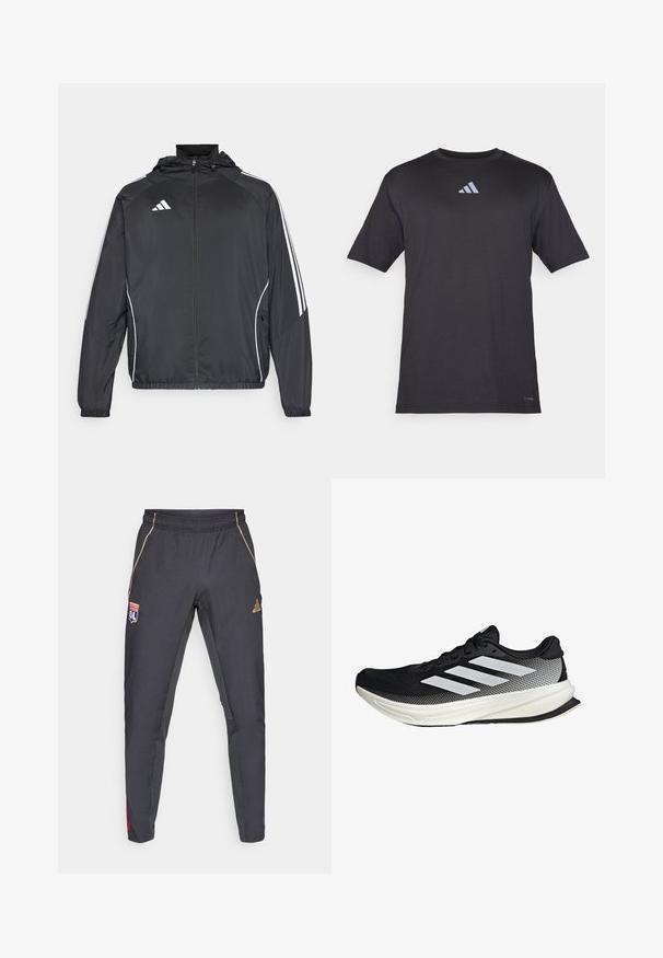 Czarna sportowa kurtka z kapturem, z białymi paskami wzdłuż rękawów i zasuwanym przodem. Wykonana z gładkiego, lekkiego materiału.; Czarny, krótki rękaw, sportowy T-shirt wykonany z lekkiego materiału, z subtelnym, odblaskowym logo Adidas na piersi.; Ciemnoszare spodenki sportowe z złotymi akcentami, z elastycznym paskiem w talii, naszywką z logo oraz czerwonymi i niebieskimi detalami po bokach. Gładka tekstura materiału.; Czarny but sportowy z siateczkowym wzorem, z białymi paskami, zaokrąglonym noskiem i teksturowaną podeszwą dla lepszej przyczepności i wsparcia.