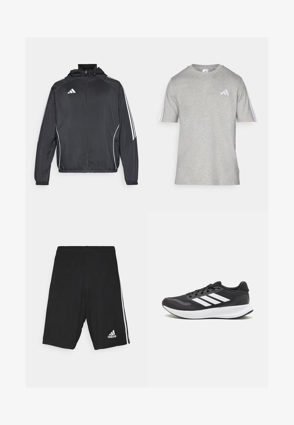 Black athletic jacket with a hood, featuring white stripes along the sleeves and a zippered front. Made from a smooth, lightweight fabric.; Gray short-sleeve t-shirt made of cotton blend with a crew neckline. Features three white stripes on each shoulder and a small logo.; Black athletic shorts with a smooth texture, featuring white side stripes and a white logo on the lower right. Adjustable waistband.; Black athletic shoe with breathable mesh upper, white accents, and a cushioned sole. Features three stripes logo on the side.