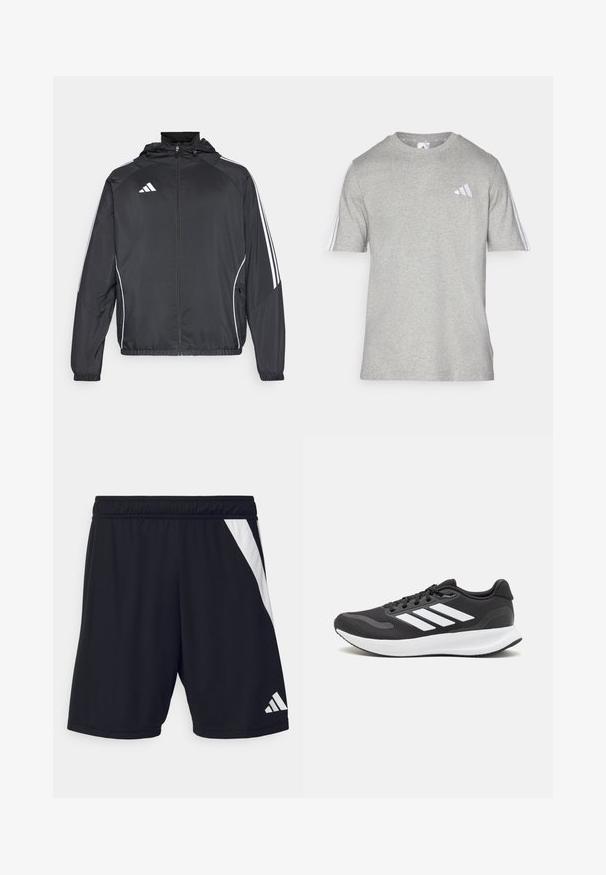 Černá sportovní bunda s kapucí, s bílými pruhy podél rukávů a s předním zipem. Vyrobena z hladkého, lehkého materiálu.; Šedé tričko s krátkým rukávem vyrobené z bavlněné směsi s kulatým výstřihem. Obsahuje tři bílé pruhy na každém rameni a malé logo.; Černé sportovní šortky s elastickým pasem, vybavené diagonální bílou pruhou na levé straně a bílým logem v dolním pravém rohu.; Černá sportovní obuv s prodyšným síťovaným svrškem, bílými akcenty a polstrovanou podrážkou. Na boku se nachází logo se třemi pruhy.