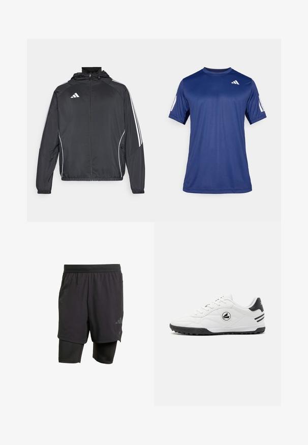 Svart sportsjakke med hette, med hvite striper langs ermene og glidelås foran. Laget av et glatt, lett stoff.; Marineblå, kortermet treningstrøye laget av glatt stoff, med rund hals og en hvit logodetalj på øverste venstre bryst.; Svarte sportshorts med integrert indre lag, laget av pustende stoff. Har subtilt logo og strukturert tekstur. Justerbar midje.; Hvite treningesko med glatt skinnøvre, svarte aksenter, teksturert såle og en rund logo på siden. Har smal snøring.