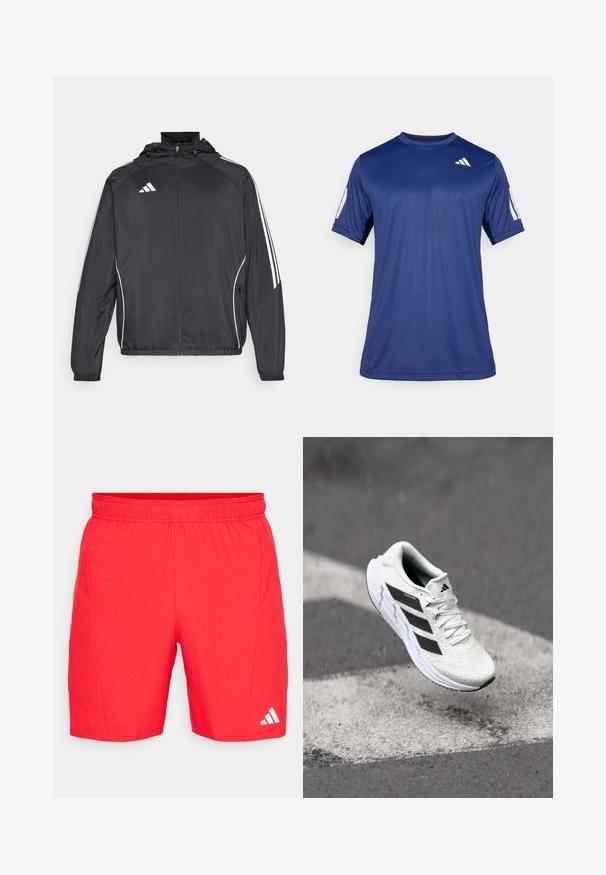 Fekete sportos dzseki kapucnival, fehér csíkokkal az ujjak mentén és cipzáras elülső résszel. Simább, könnyű anyagból készült.; Tengerészkék, rövid ujjú, sportos póló sima anyagból, kerek nyakkivágással, a bal felső mellrészen fehér logó részlettel.; Piros sportos rövidnadrág, elasztikus derékpánttal, textúrált anyagból, és egy fehér Adidas logóval a szegély közelében.; Fehér sportcipő texturált hálós felsőrésszel, fekete csíkokkal, fűzős záródással és párnázott talppal, egy megjelölt útfelület felett lebeg.