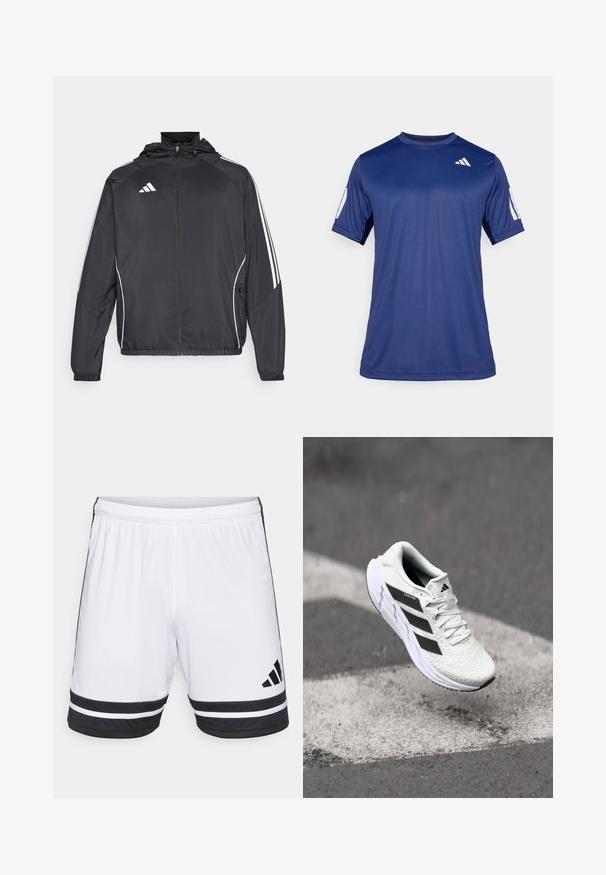 Črna športna jakna s kapuco, z belimi črtami ob rokavih in z zadrgo spredaj. Narejena iz gladkega, lahkega materiala.; Mornarsko modra kratka športna majica iz gladkega materiala, s krožnim ovratnikom in belim logotipom na zgornjem levem prsnem delu.; Bele kratke hlače za šport, bele barve s črnimi vodoravnimi črtami na robu in črnim Adidasovim logotipom. Elastičen pas za prilagodljivost.; Bela atletska čevlja z teksturiranim mrežastim zgornjim delom, črnimi črtami, zavezovanjem na vezalke in oblazinjenim podplatom, lebdi nad označeno cesto.