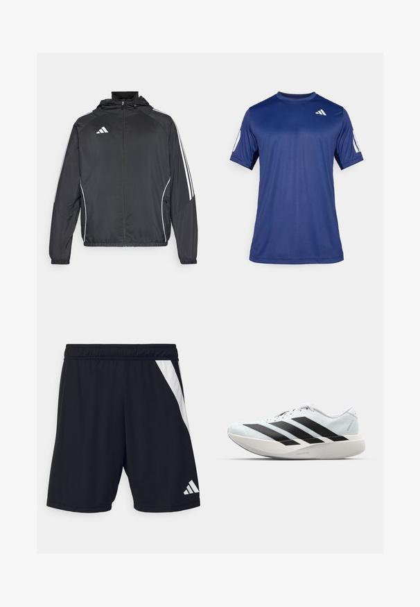 Jachetă sport neagră cu glugă, decorată cu dungi albe pe mâneci și cu fermoar în față. Fabricată dintr-un material neted și ușor.; Cămașă sport cu mânecă scurtă de culoare albastră marină, fabricată dintr-un material neted, având guler rotund și un detaliu cu logo alb în partea superioară stângă a pieptului.; Pantaloni scurți atletici negri cu un tiv elastic, având o bandă albă în diagonală pe partea stângă și un accent cu logo alb în colțul din dreapta jos.; Pantofi de alergare ușori în albastru deschis cu dungi negre. Au un superior neted, vârf rotund și o intermediară groasă albă etichetată "LIGHTSTRIKE PRO."