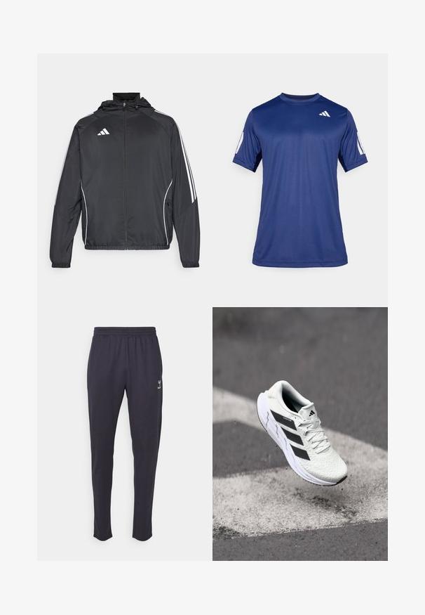 Zwarte sportjack met capuchon, voorzien van witte strepen langs de mouwen en een ritssluiting aan de voorkant. Gemaakt van een gladde, luchtige stof.; Navyblauw sportshirt met korte mouwen, gemaakt van een gladde stof, met een ronde hals en een wit logodetail op de bovenste linkerborst.; Donkerblauwe sportbroeken van zachte stof, met een elastische tailleband en een klein logo aan de zijkant. Tapered pasvorm.; Witte sportschoen met een textuur van mesh, zwarte strepen, vetersluiting en een gevoerde zool, zwevend boven een gemarkeerd wegoppervlak.