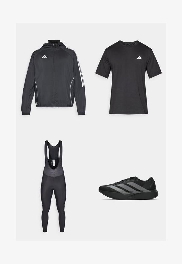Svart idrottsjacka med huva, med vita ränder längs ärmarna och dragkedja framtill. Tillverkad av ett mjukt, lätt material.; Svart kortärmad t-shirt gjord av tyg med en slät textur; har en vit logotyp på bröstet och en rund halsringning.; Svarta cykelbyxor med hängslen som har en texturerad övre panel med nätmönster, åtsittande ben och en vadderad sits för komfort.; Svarta träningsskor med en lätt design, som har tre framträdande grå ränder, en slät yta och en formad sula.