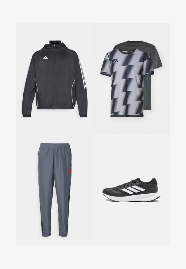 Black athletic jacket with a hood, featuring white stripes along the sleeves and a zippered front. Made from a smooth, lightweight fabric.; Two short-sleeve T-shirts: one gray with subtle texture, the other featuring a black and white zigzag pattern, both with crew necklines.; Gray athletic pants with an elastic waistband, tapered shape, black side stripes, and a red Adidas logo on the left thigh.; Black athletic shoe with breathable mesh upper, white accents, and a cushioned sole. Features three stripes logo on the side.