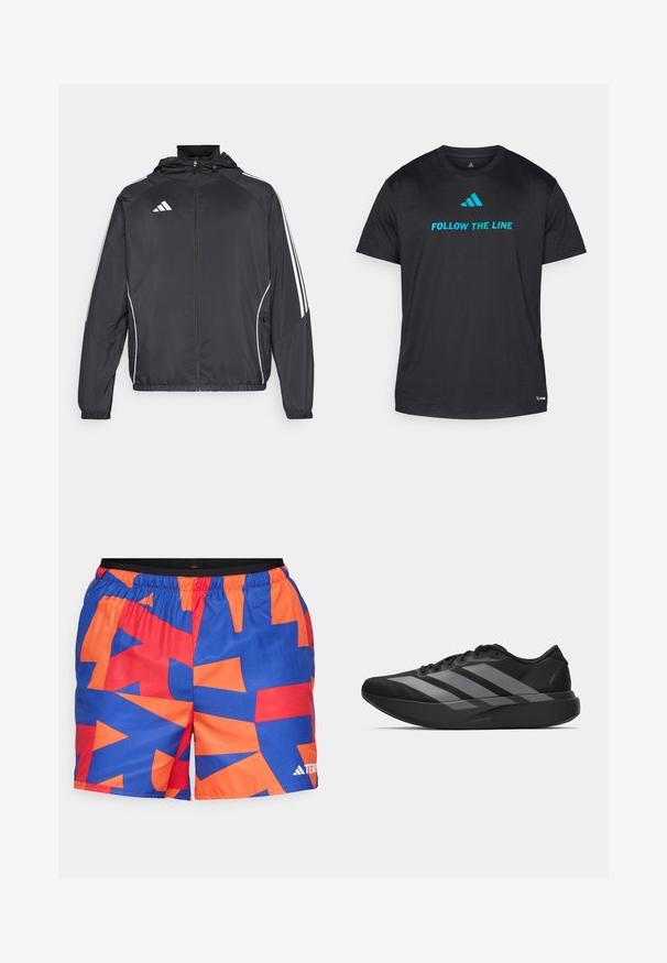 Melnā sporta jaka ar kapuci, ar baltām svītrām pa piedurknēm un ar rāvējslēdzēju priekšpusē. Izgatavota no gludas, vieglas auduma.; Melna sporta t-kreklu, kas izgatavota no viegla auduma, ar uzrakstu "SEKO PAMATNEI" spilgti zilā krāsā un mazu logotipu pie apakšējās malas.; Peldēšanai paredzētās šortus izgatavoti no viegla auduma ar ģeometrisku rakstu zilā, oranžā un sarkanā krāsā, ar elastīgu jostasvietu un logo detaļu.; Melni sporta apavi ar vieglu dizainu, ar trim izteiksmīgiem pelēkiem svītrām, gludu virsmu un kontūrveida zoli.