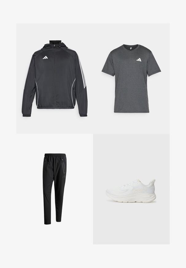 Black athletic jacket with a hood, featuring white stripes along the sleeves and a zippered front. Made from a smooth, lightweight fabric.; Dark gray athletic t-shirt made of breathable fabric, featuring short sleeves and a white logo accent on the left chest. Textured surface.; Black athletic pants with an elastic waistband, two zippered side pockets, tapered legs, and a subtle logo detail on the hip.; White running shoe with a textured mesh upper, thick cushioned sole, and embossed logo on the side. Lace-up design for secure fit.