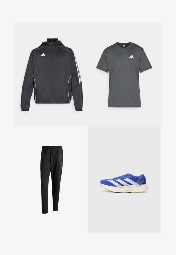 Sort atletisk jakke med hætte, med hvide striber langs ærmerne og lynlås foran. Lavet af et glat, let materiale.; Mørkegrå sportstrøje lavet af åndbart stof, med korte ærmer og et hvidt logo på venstre bryst. Tekstureret overflade.; Sorte atletiske bukser med elastisk talje, to lynlåslommer på siden, tætsiddende ben og en diskret logo-detalje på hoften.; Blå løbesko med mesh-overdel, fremtrædende hvide striber og en tekstureret ydersål. Accenteret med grønne og grå detaljer.