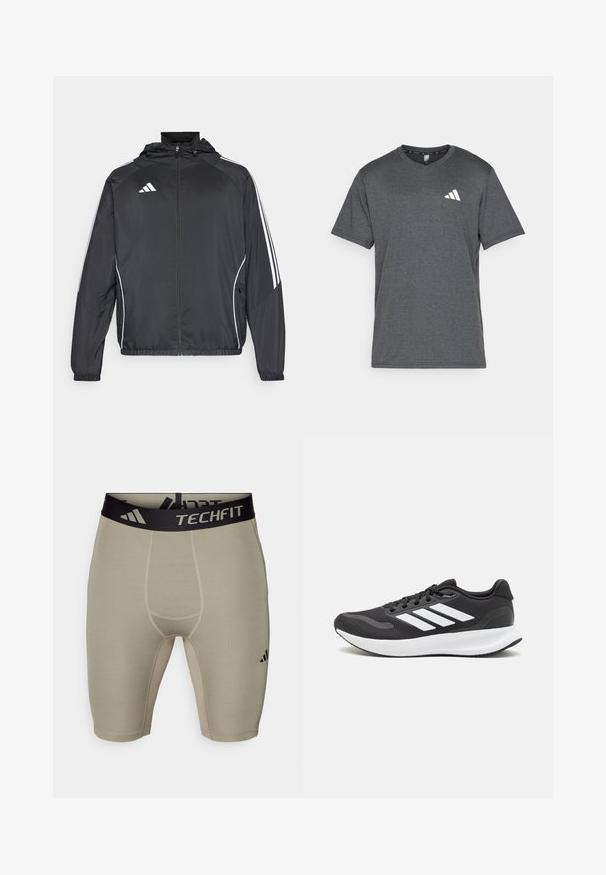 Schwarze Sportjacke mit Kapuze, ausgestattet mit weißen Streifen an den Ärmeln und einem Reißverschluss vorne. Hergestellt aus einem glatten, leichten Stoff.; Dunkelgraues Sport-T-Shirt aus atmungsaktivem Material, mit kurzen Ärmeln und einem weißen Logoakzent auf der linken Brust. Strukturierte Oberfläche.; adidas Performance BASE SHORT - Tights - silver pebble; Schwarzer Sportschuh mit atmungsaktivem Mesh-Obermaterial, weißen Akzenten und einer gepolsterten Sohle. Mit drei Streifen-Logo an der Seite.