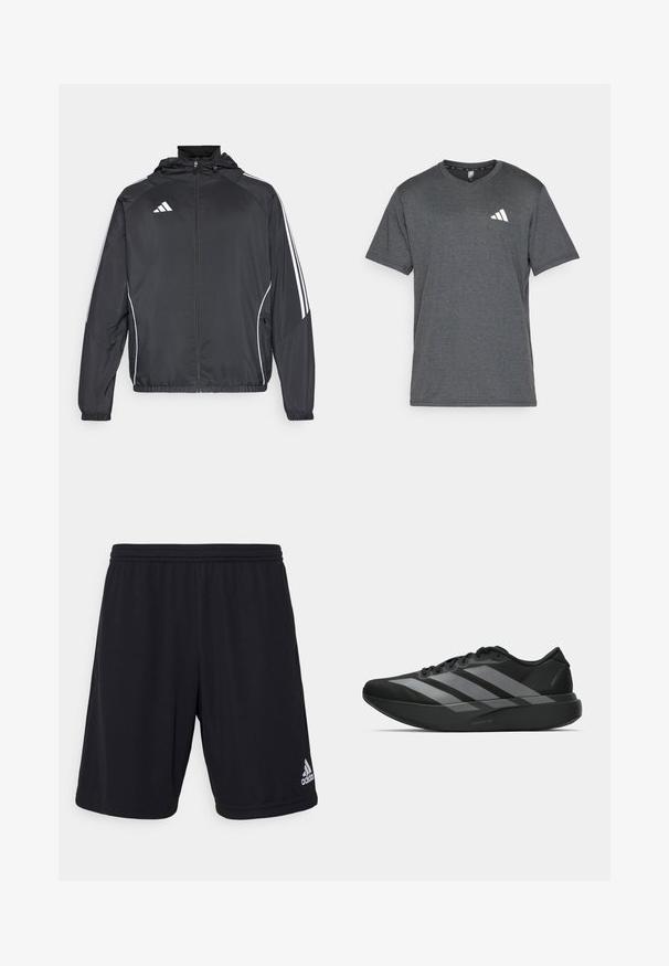 Juodas sportinis džemperis su kapišonu, turintis baltas juosteles palei rankoves ir užtrauktuką priekyje. Pagamintas iš lygaus, lengvo audinio.; Tamsiai pilkas sportinis marškinėliai, pagaminti iš orui pralaidaus audinio, su trumpomis rankovėmis ir baltu logotipo akcentu kairėje krūtinės pusėje. Struktūruotas paviršius.; Juodi sportiniai šortai, pagaminti iš lengvos, kvėpuojančios medžiagos. Turi elastinę juosmenį ir sidabrinę Adidas logotipą apatinėje dešinėje pusėje.; Juodos sportinės avalynės, lengvos konstrukcijos, su trimis aiškiomis pilkomis juostomis, lygiu paviršiumi ir kontūrine padu.