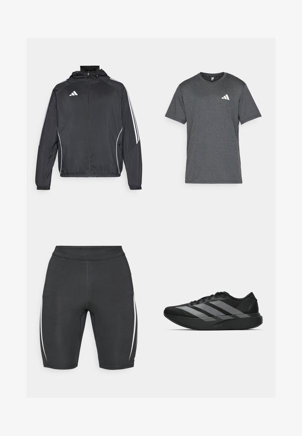 Giacca atletica nera con cappuccio, caratterizzata da strisce bianche lungo le maniche e chiusura con zip frontale. Realizzata in un tessuto liscio e leggero.; Maglietta sportiva grigio scuro realizzata in tessuto traspirante, con maniche corte e un accento del logo bianco sul lato sinistro del petto. Superficie texture.; Pantaloni sportivi neri con strisce laterali bianche, realizzati in tessuto elasticizzato, dotati di un alto punto vita e di un design aderente per il massimo comfort.; Scarpe sportive nere con un design leggero, caratterizzate da tre strisce grigie prominenti, una superficie liscia e una suola sagomata.