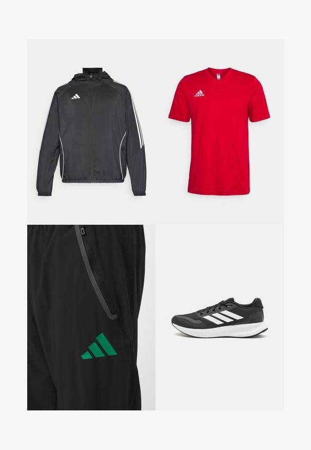 Czarna sportowa kurtka z kapturem, z białymi paskami wzdłuż rękawów i zasuwanym przodem. Wykonana z gładkiego, lekkiego materiału.; Czerwona bawełniana koszulka z krótkimi rękawami, dekoltem w serek oraz białym logo Adidas na lewej piersi. Gładka tekstura, bez widocznych wzorów.; Czarne spodnie sportowe z gładkiego materiału, z zielonym logo Adidas oraz kieszenią na zamek błyskawiczny z kontrastowym wykończeniem.; Czarne buty sportowe z oddychającą siateczką, białymi akcentami i wyściełaną podeszwą. Posiadają logo w postaci trzech pasków po boku.
